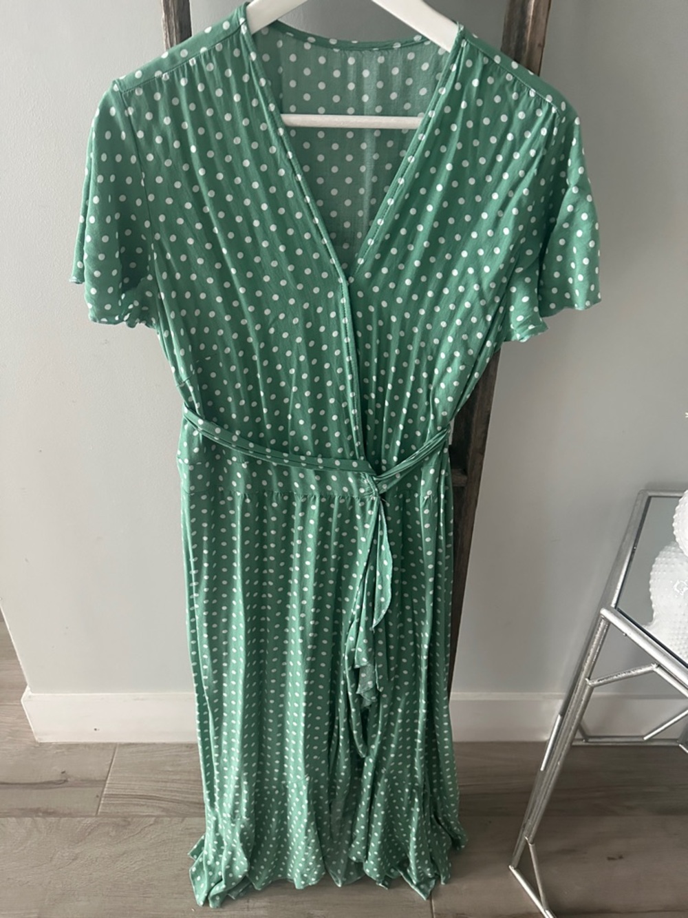 Women's Green Polka Dot Wrap Maxi Dress with Self Tie